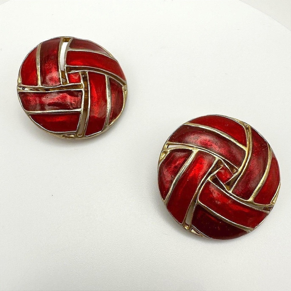 Vintage 80s Red Enamel Gold Tone Round Earrings Geometric Statement Jewelry Boho